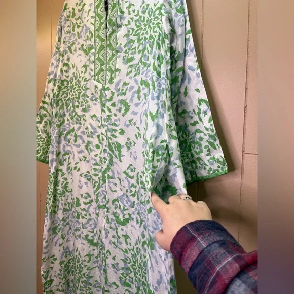 Oscar De La Renta Long Kaftan Tunic Dress Size Medium Printed Blue Green - Picture 6 of 8